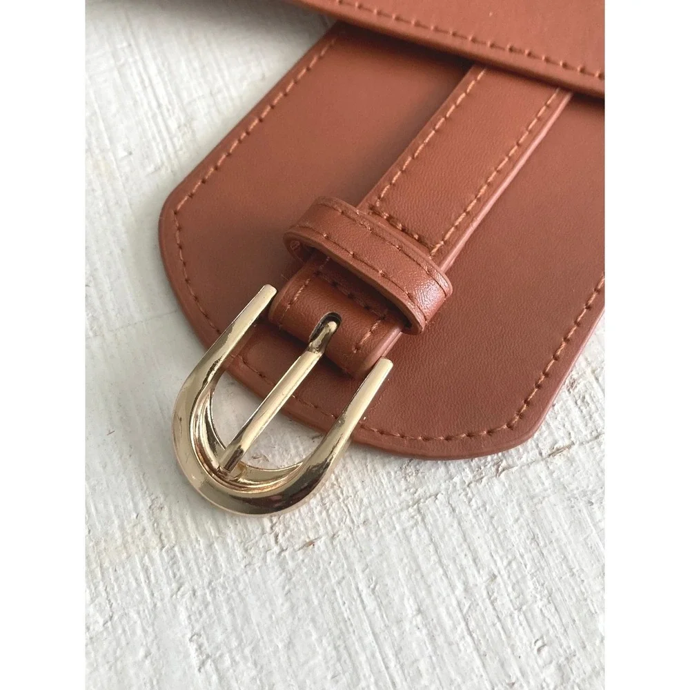 Corset Faux Leather Brown Wide Waist Belt Western Thick Stretch Gold Buckle